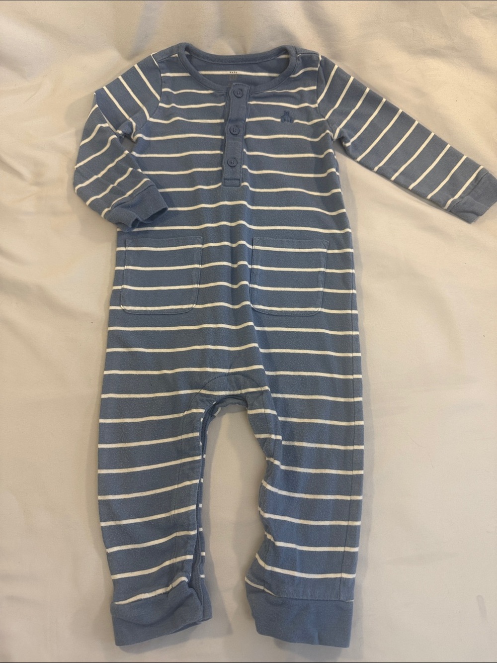 GAP Blue and White Striped Long-Sleeve Romper